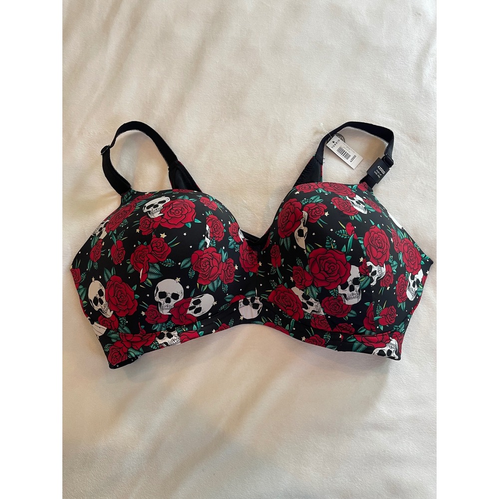 Torrid 42DDD Bra Push-Up Wire-Free 360 Back Smoothing Skull Rose Tattoo Print